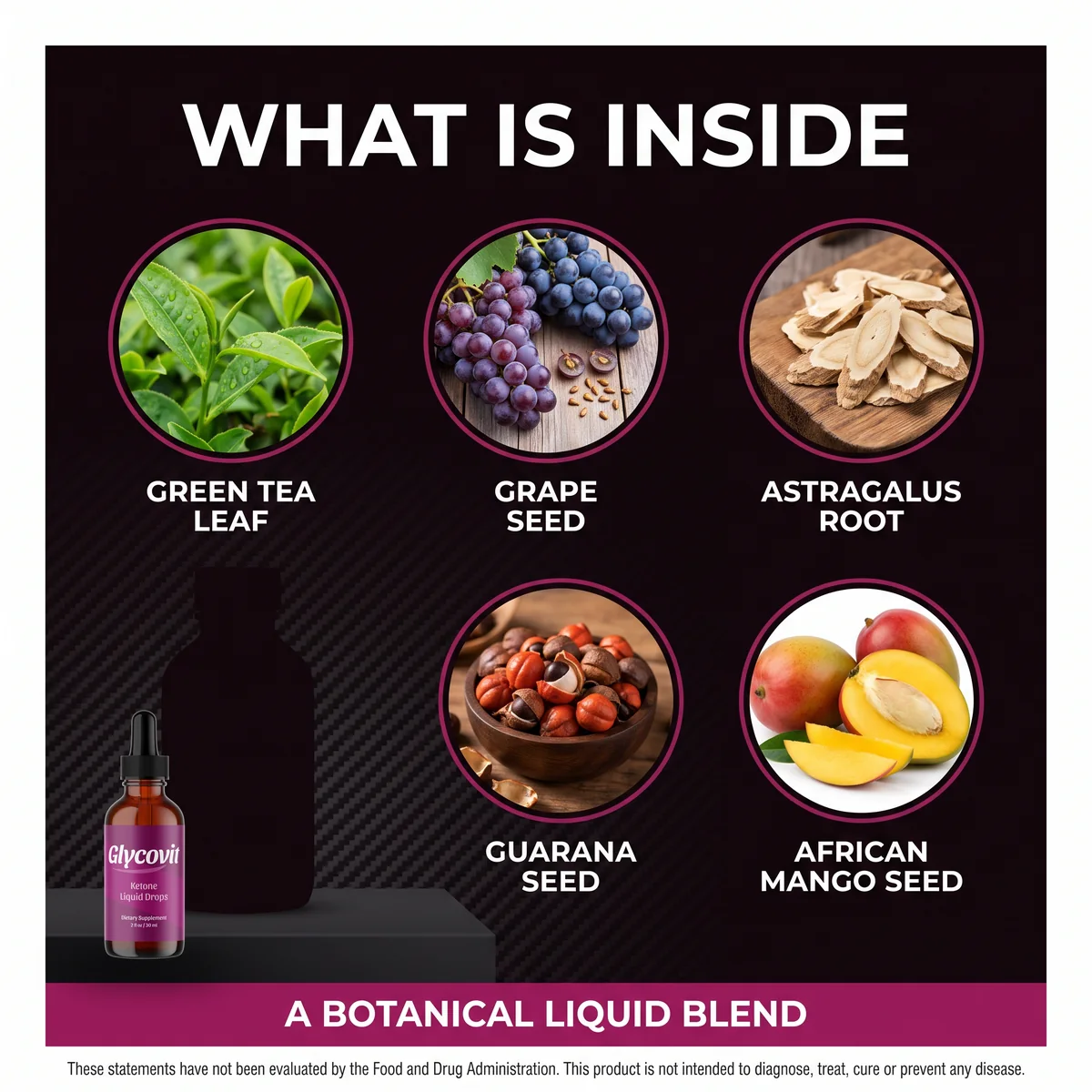 Glycovit key ingredients: green tea leaf, grape seed and astragalus root